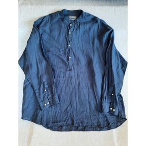 Emidio Tucci Men 5XL Regular Collarless Pullover Button Shirt LS Navy Blue Linen